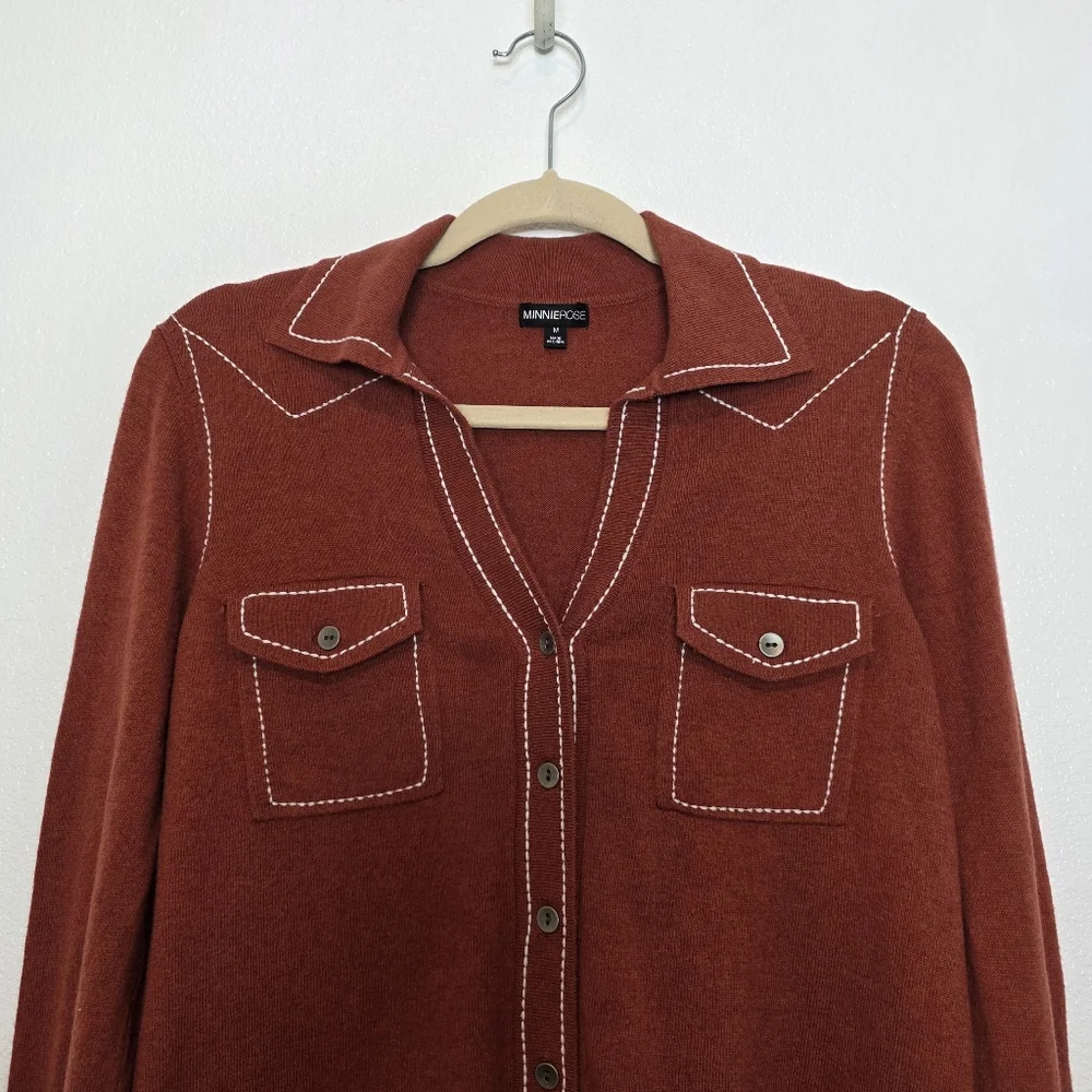 Minnie Rose Cotton Cashmere Top Stitch Embroidered Button Down Shirt - Picture 3 of 8